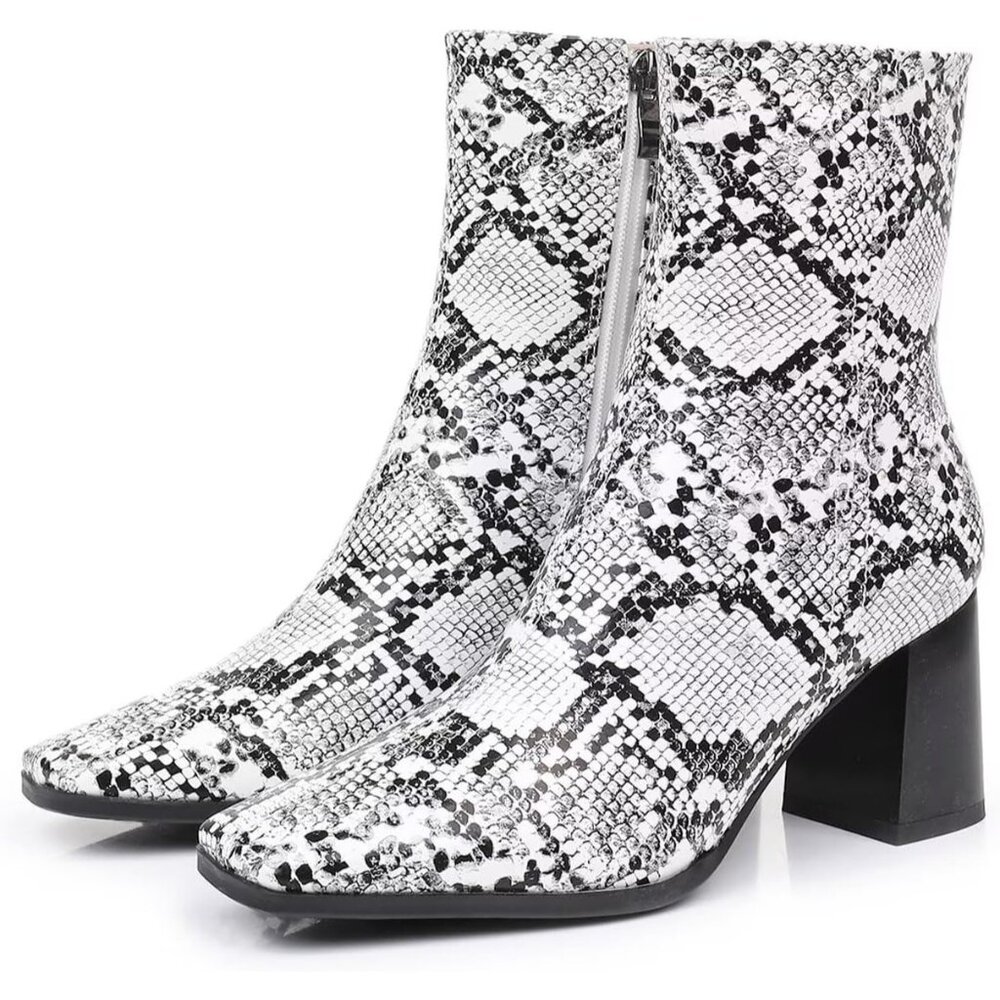 Women's Snake Ankle Boots Square Toe Chunky Block Heel Short with Side Zipper